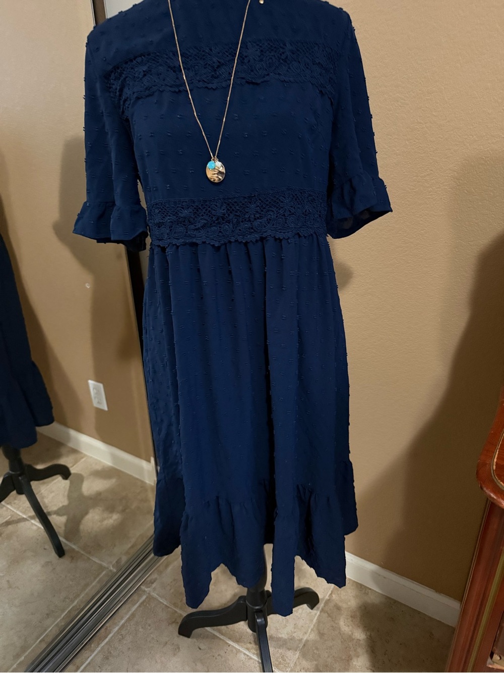 SHEIN Navy Blue Midi Dress with Lace Panels